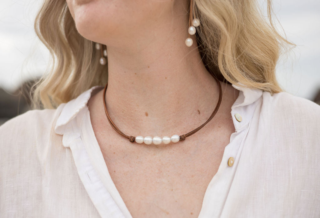 Ellie ~ Freshwater Pearls and Leather Necklace